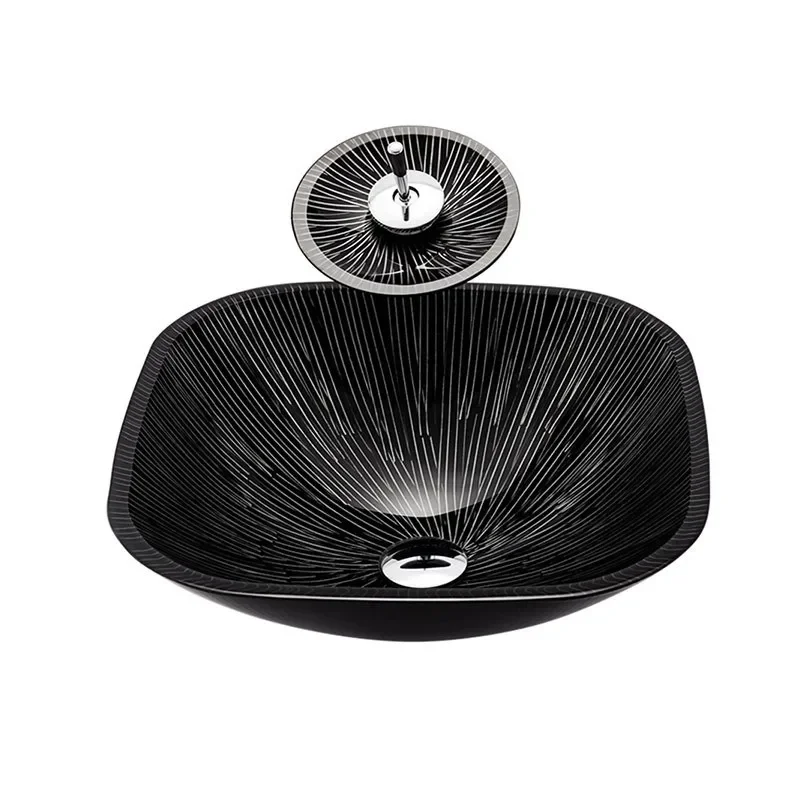 Washroom Countertop Washbasin With Drain Sets Sanitary Ware Round Square Bright Black Striped Tempered Glass Bathroom Sink Hotel
Washroom Countertop Washbasin With Drain Sets Sanitary Ware Round Square Bright Black Striped Tempered Glass Bathroom Sink Hotel