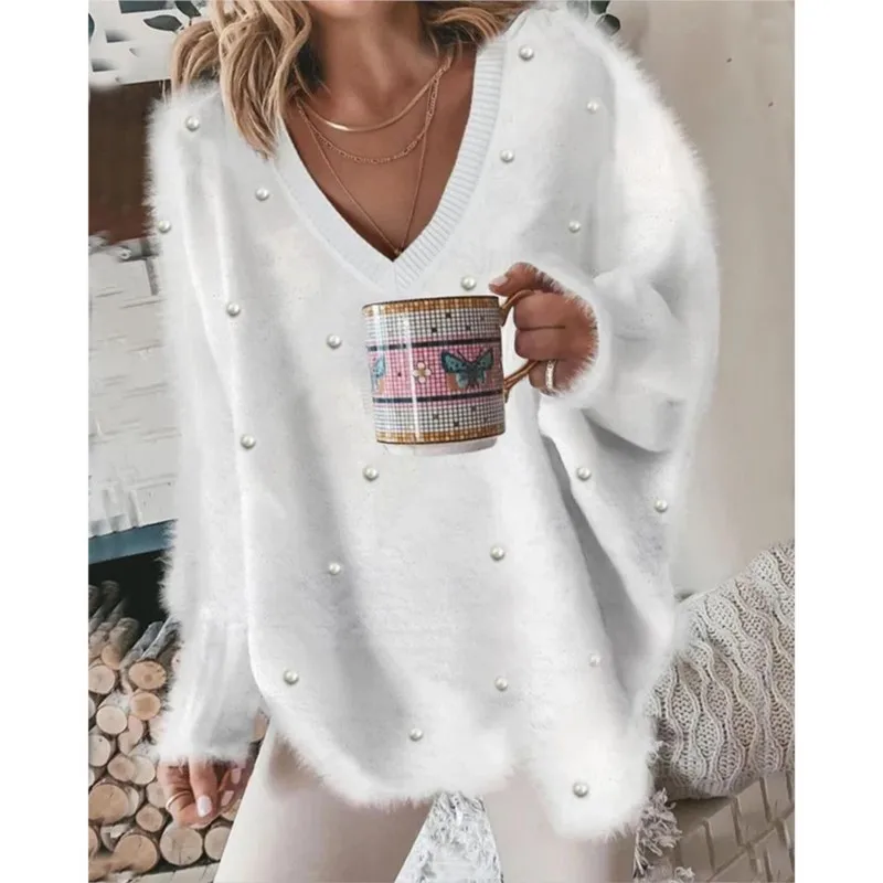 Beaded Decor Long Sleeve Fluffy Top Women Spring Summer Pullover V Neck Pearls Solid Color Loose Fashion Tops Blouse Sweater
Beaded Decor Long Sleeve Fluffy Top Women Spring Summer Pullover V Neck Pearls Solid Color Loose Fashion Tops Blouse Sweater