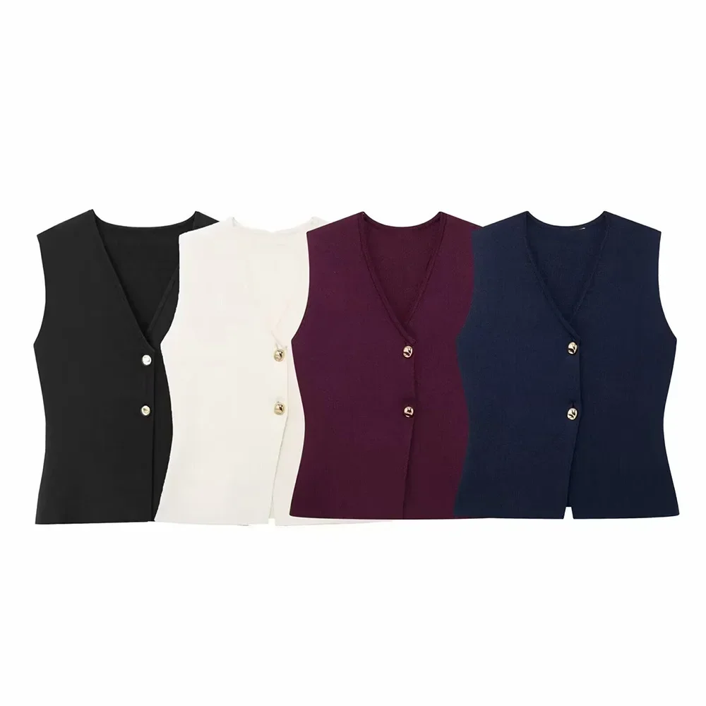ZBZA Women Gold Button Knit Cropped Vest Basic Retro V-neck Sleeveless Slim Fit Solid Streetwear Top Spring Summer New Chic Vest
ZBZA Women Gold Button Knit Cropped Vest Basic Retro V-neck Sleeveless Slim Fit Solid Streetwear Top Spring Summer New Chic Vest