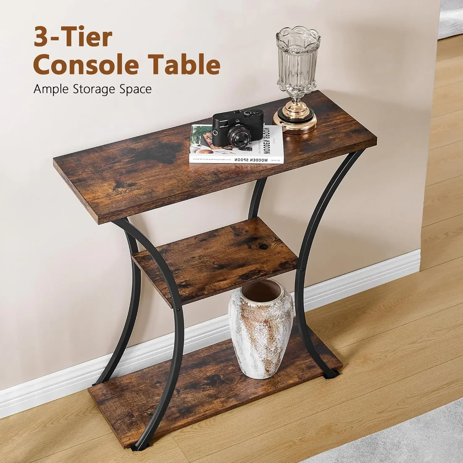 3 Tier Console Table with Open Wood Shelves, Decorative Entryway Table with Curved Metal Frames, Rustic Brown+Black
3 Tier Console Table with Open Wood Shelves, Decorative Entryway Table with Curved Metal Frames, Rustic Brown+Black