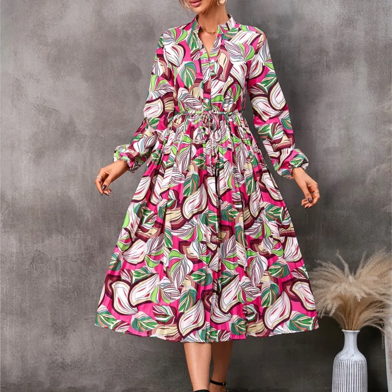 Autumn New Women's Fashion Leaf Printed Lace Up Waist Mid Length Long Sleeve Shirt Collar Casual Comfortable Long Pleated Dress
Autumn New Women's Fashion Leaf Printed Lace Up Waist Mid Length Long Sleeve Shirt Collar Casual Comfortable Long Pleated Dress