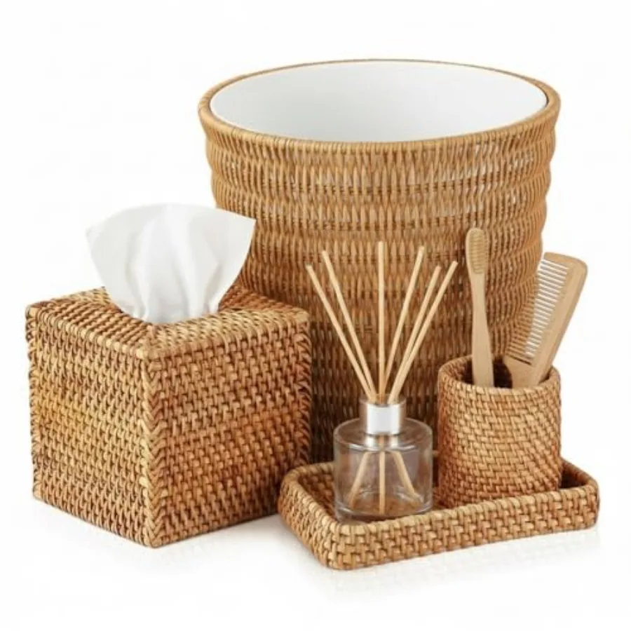 5 Pcs Bathroom Wicker Basket Set Rattan Tissue Box Toothbrush Holder with Tray and Wicker Trash Can Plastic Waste Paper Basket
5 Pcs Bathroom Wicker Basket Set Rattan Tissue Box Toothbrush Holder with Tray and Wicker Trash Can Plastic Waste Paper Basket