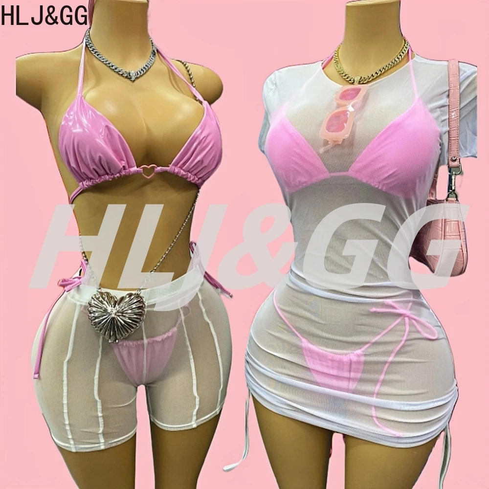 HLJ&GG Pink Sexy Leather Bikini Halter Two Piece Sets Women V Nack Lace Up Crop Top And Mesh Skinny Shorts Outfits Beach Clothes
HLJ&GG Pink Sexy Leather Bikini Halter Two Piece Sets Women V Nack Lace Up Crop Top And Mesh Skinny Shorts Outfits Beach Clothes