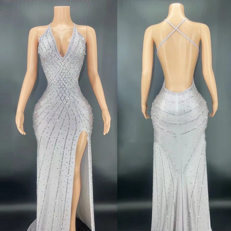 Shining Full Silver Rhinestone Halter Neck Dress Women Evening Sleeveless Dress Birthday Celebrate Costume Prom Outfit XS3816
Shining Full Silver Rhinestone Halter Neck Dress Women Evening Sleeveless Dress Birthday Celebrate Costume Prom Outfit XS3816