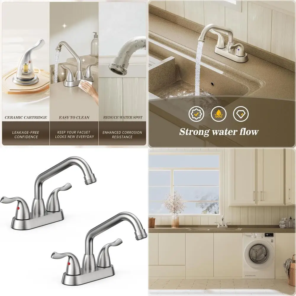 2-Piece Brushed Nickel Laundry Sink Faucet, 4 Centers, Rotatable 360° Spout, Garden Hose Threaded, Water Line Included
2-Piece Brushed Nickel Laundry Sink Faucet, 4 Centers, Rotatable 360° Spout, Garden Hose Threaded, Water Line Included