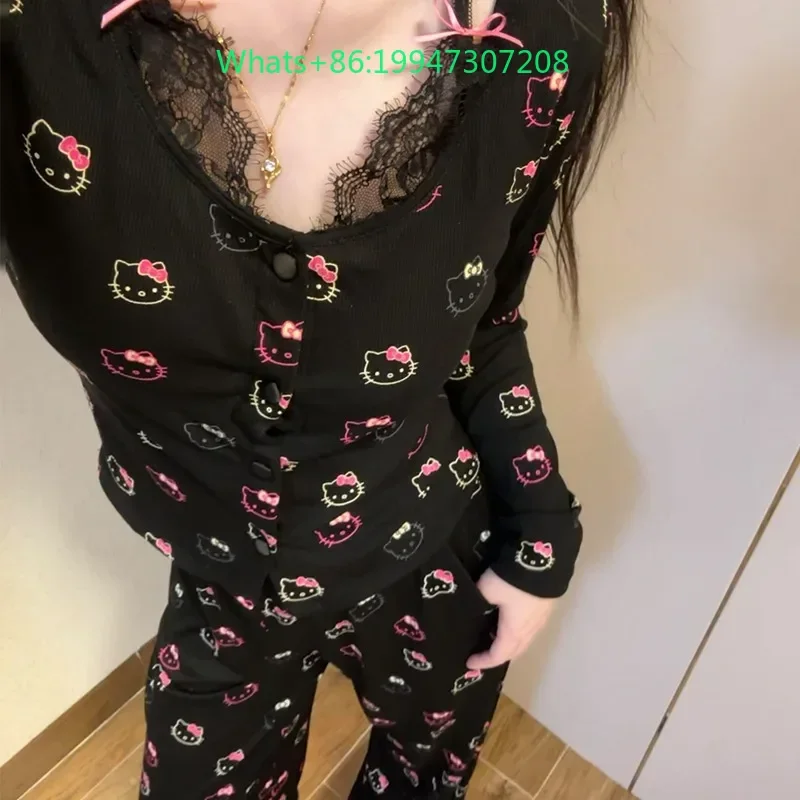 Новинка 2024 года, милая домашняя одежда Hello Kitty с нагрудником, черный комплект из двух предметов, брюки с длинными рукавами, повседневная пижама с рисунком Hello Kitty
Новинка 2024 года, милая домашняя одежда Hello Kitty с нагрудником, черный комплект из двух предметов, брюки с длинными рукавами, повседневная пижама с рисунком Hello Kitty