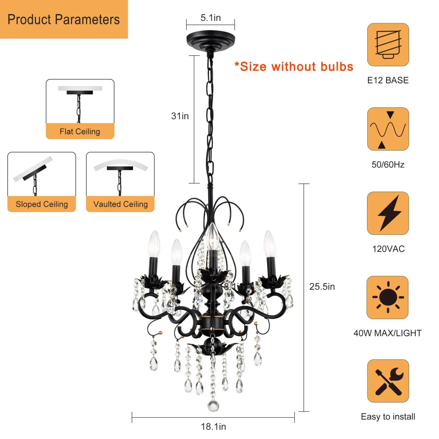 Classic Vintage Crystal Candle Chandeliers Lighting, 5 Lights Pendant Ceiling Fixture Lamp (5*E12*MAX40W, No Include Bulb)Chande
Classic Vintage Crystal Candle Chandeliers Lighting, 5 Lights Pendant Ceiling Fixture Lamp (5*E12*MAX40W, No Include Bulb)Chande