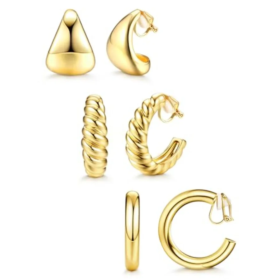 3Pairs Clip on Earrings for Women Trendy Hypoallergenic 14K Gold Plated Chunky Tube Croissant Waterdrop Clip-on Hoop Earrings S
3Pairs Clip on Earrings for Women Trendy Hypoallergenic 14K Gold Plated Chunky Tube Croissant Waterdrop Clip-on Hoop Earrings S