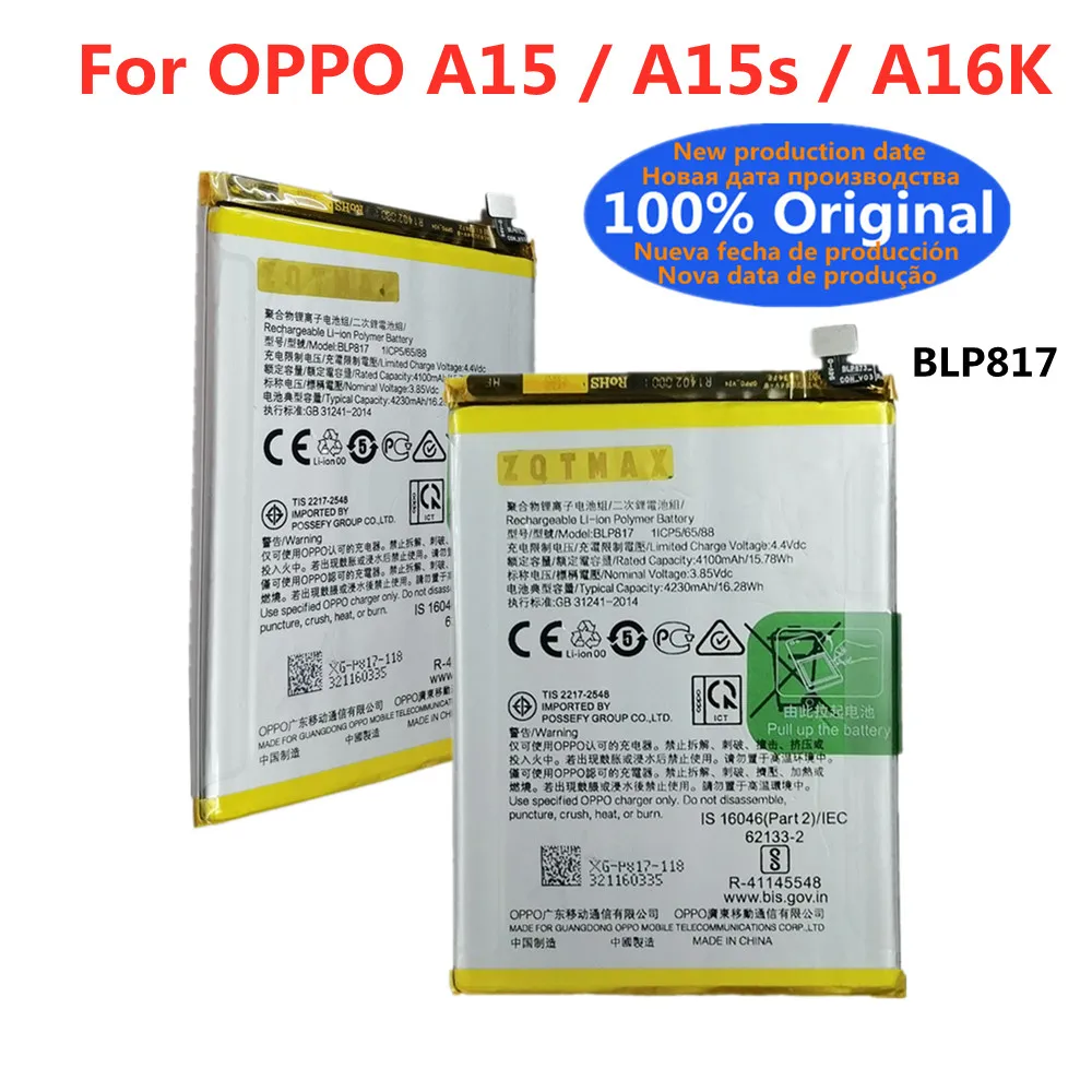 High Quality Original Phone Battery BLP817 For OPPO A15 A15s A16K 4230mAh Replacement Batteries Battery
High Quality Original Phone Battery BLP817 For OPPO A15 A15s A16K 4230mAh Replacement Batteries Battery