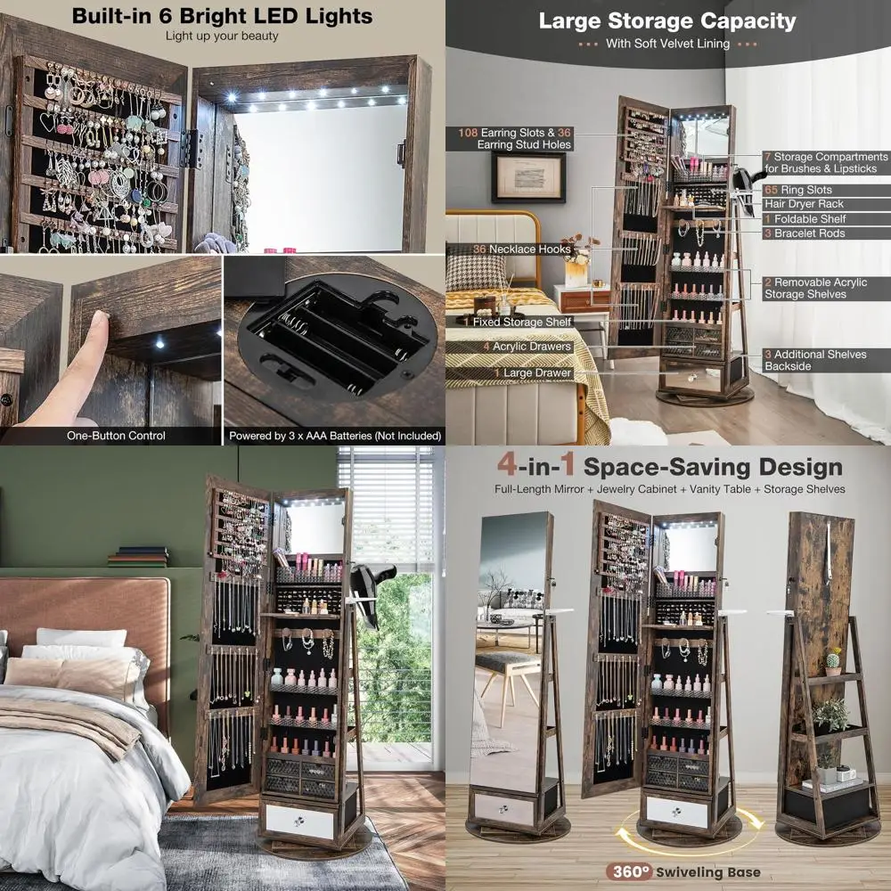 Зеркальный шкаф для ювелирных изделий в полный рост с 360° ° Поворотный, светодиодный светильник, запираемый ящик и держатель для фена в деревенском коричневом цвете
Зеркальный шкаф для ювелирных изделий в полный рост с 360° ° Поворотный, светодиодный светильник, запираемый ящик и держатель для фена в деревенском коричневом цвете