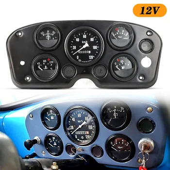 12V 5 In 1 Speedometer Water Temp Gauge Volts Gauge Kit Instrument Panel Complete Universal/Long Meter Instrument Panel Black