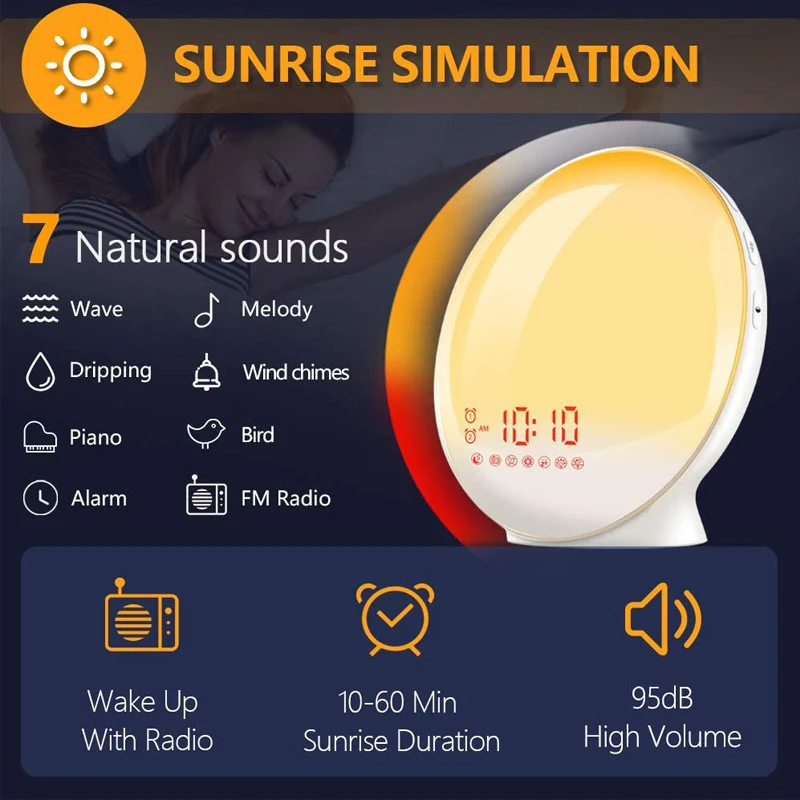 Simulated sunrise and sunset natural wake-up lightLEDElectronic alarm clock lamp, colorful ambient bedside lamp with sleep timer
Simulated sunrise and sunset natural wake-up lightLEDElectronic alarm clock lamp, colorful ambient bedside lamp with sleep timer