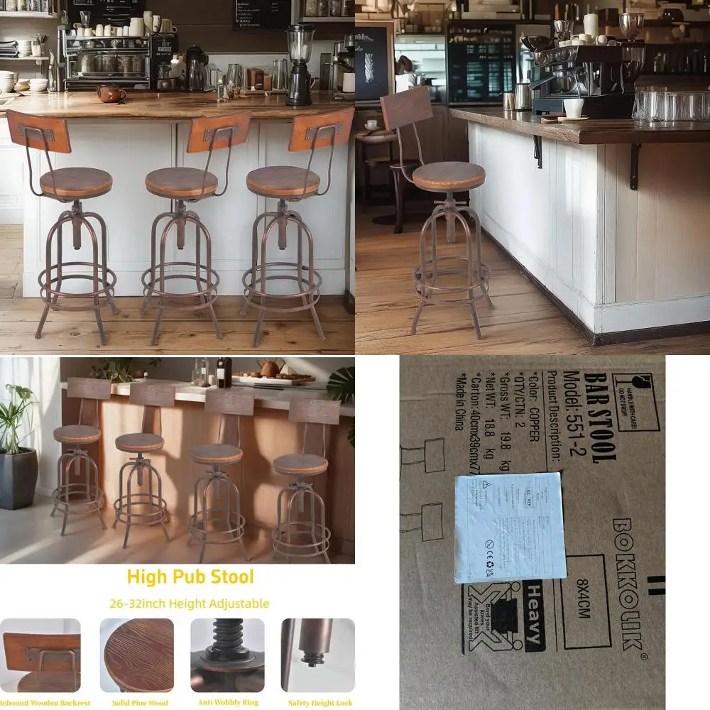 Industrial Style Swivel Bar Stools - Wooden Seats, Adjustable 26-32.2 Height, Kitchen Dining Chairs
Industrial Style Swivel Bar Stools - Wooden Seats, Adjustable 26-32.2 Height, Kitchen Dining Chairs