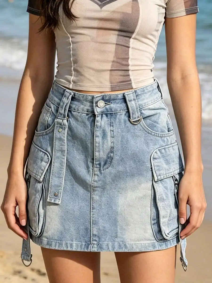 Womens Washed Blue Cargo Denim Mini Skirt With Multiple Pockets Summer Casual
Womens Washed Blue Cargo Denim Mini Skirt With Multiple Pockets Summer Casual