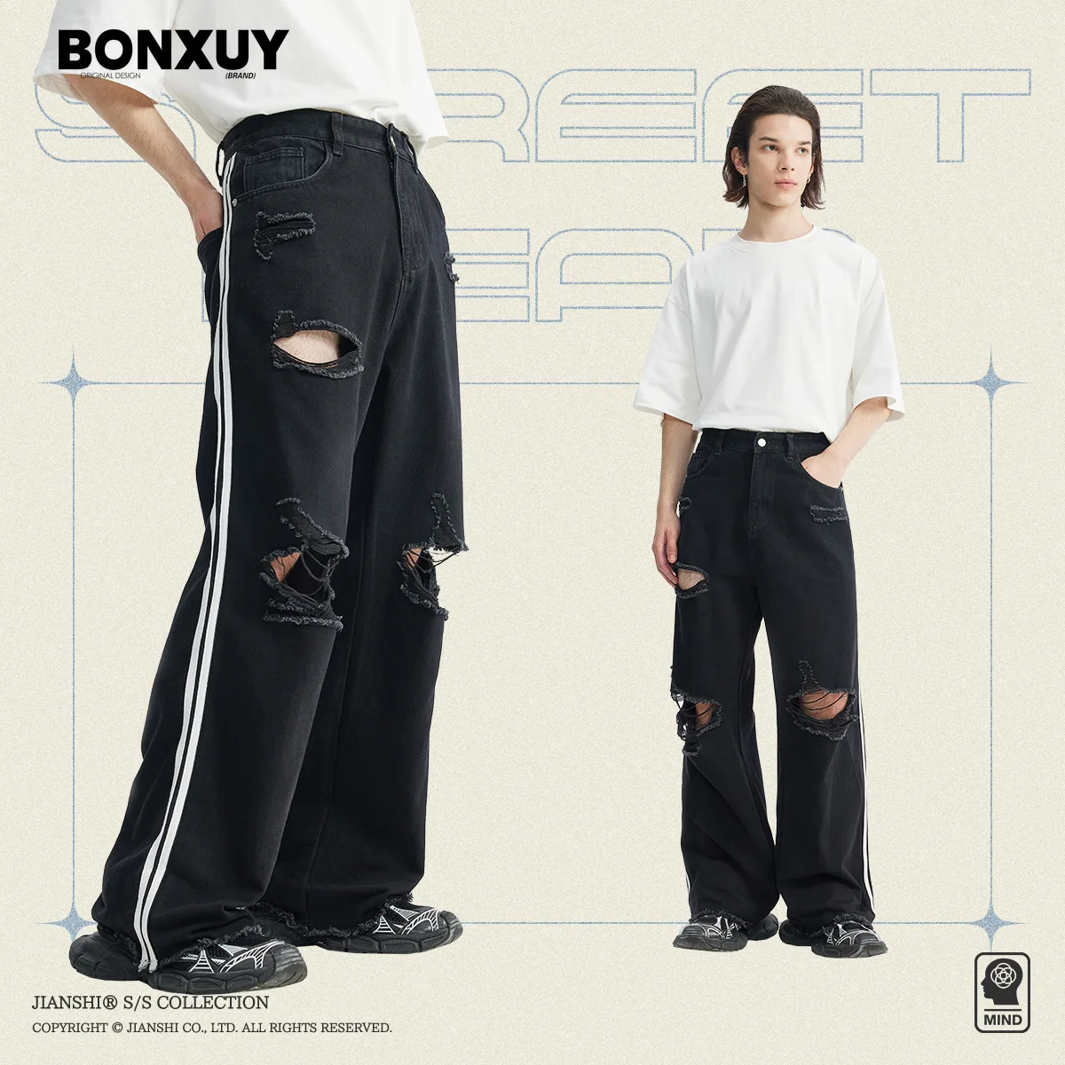 BONXUY Black high street ripped trendy brand simple jeans men's street hip-hop baggy and versatile straight trousers
BONXUY Black high street ripped trendy brand simple jeans men's street hip-hop baggy and versatile straight trousers