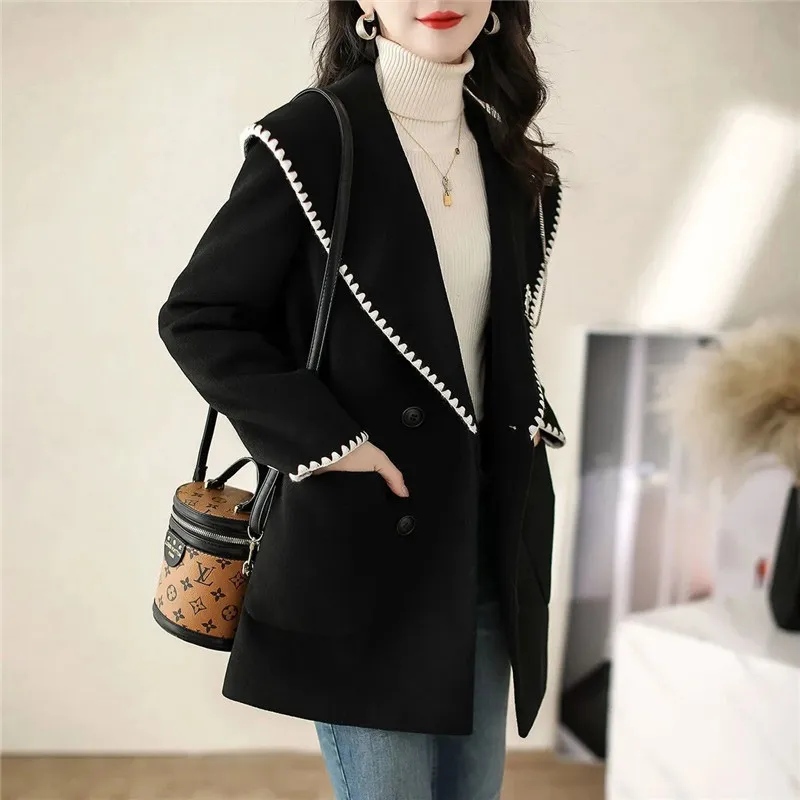 Coat Women's Spring and Autumn Pop Woolen Jacket Contrast Color Navy Collar Double Breasted Fashion Loose Overcoat Female ZM298
Coat Women's Spring and Autumn Pop Woolen Jacket Contrast Color Navy Collar Double Breasted Fashion Loose Overcoat Female ZM298