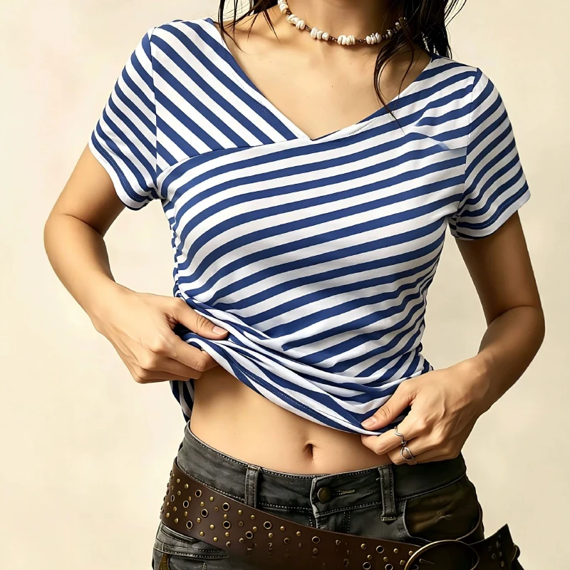 Streetwear Striped Short Sleeve T Shirts For Women Summer Office Lady V-Neck Tees 2026 Casual Woven Slim Print T Shirts Female
Streetwear Striped Short Sleeve T Shirts For Women Summer Office Lady V-Neck Tees 2026 Casual Woven Slim Print T Shirts Female