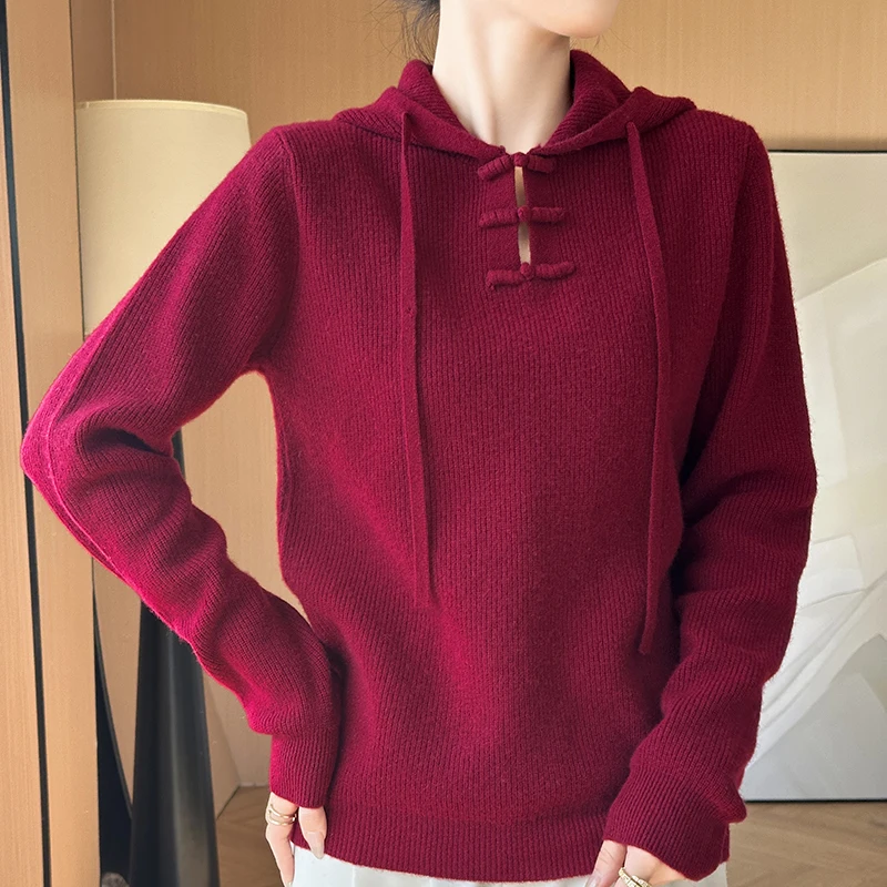 Women's New Chinese Style Casual Buttoned Hooded Sweater Soft 100% Merino Wool Long Sleeve Autumn Winter Knitted Pullovers
Women's New Chinese Style Casual Buttoned Hooded Sweater Soft 100% Merino Wool Long Sleeve Autumn Winter Knitted Pullovers