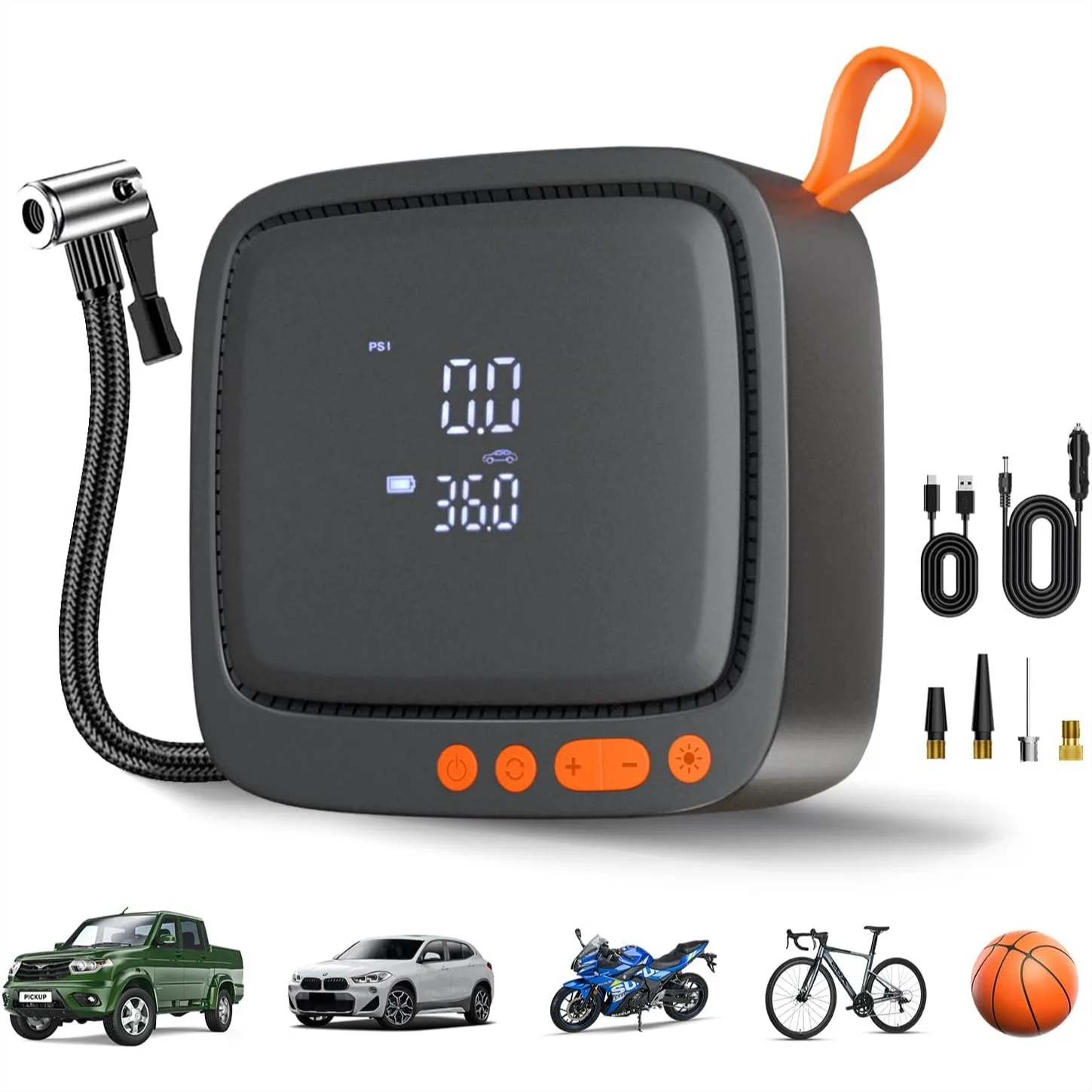 Portable Tire Inflator Air Compressor 150 PSI Cordless Digital with Auto Shut-Off, Dual Power for Car Bike Motorcycle Ball
Portable Tire Inflator Air Compressor 150 PSI Cordless Digital with Auto Shut-Off, Dual Power for Car Bike Motorcycle Ball