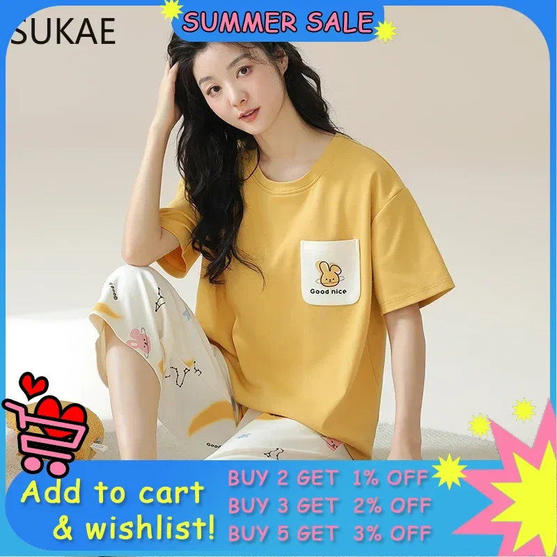SUKAE Women Capris Pajamas Set Leisure Cartoon Knee-length Sleepwear Lady Short Sleeves Calf-length Pijama Faux Cotton Nightwear
SUKAE Women Capris Pajamas Set Leisure Cartoon Knee-length Sleepwear Lady Short Sleeves Calf-length Pijama Faux Cotton Nightwear
