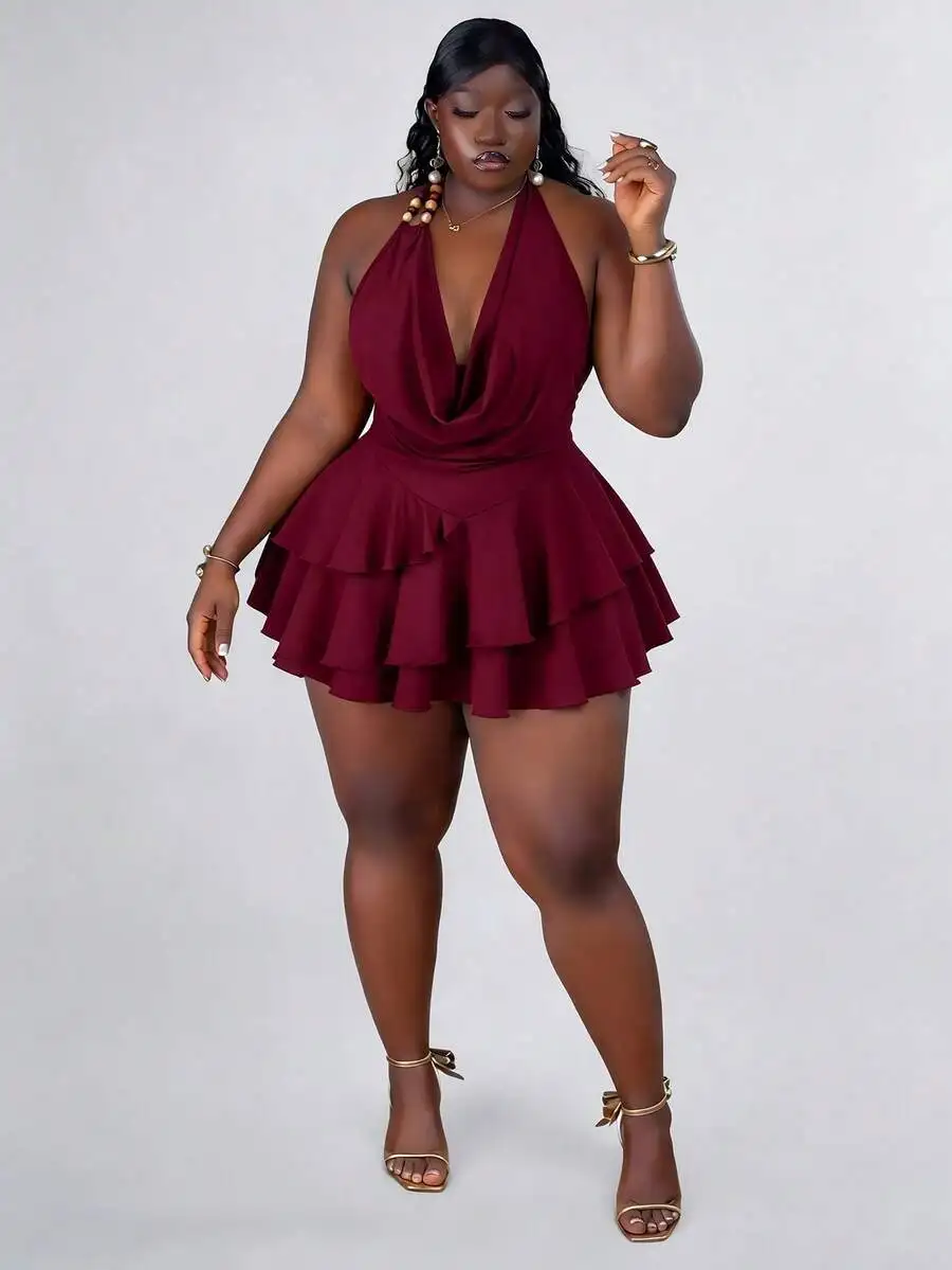 Plus Size Vintage Halter Neck Ruffle Mini Dress With Draped Collar And Beaded Detail
Plus Size Vintage Halter Neck Ruffle Mini Dress With Draped Collar And Beaded Detail