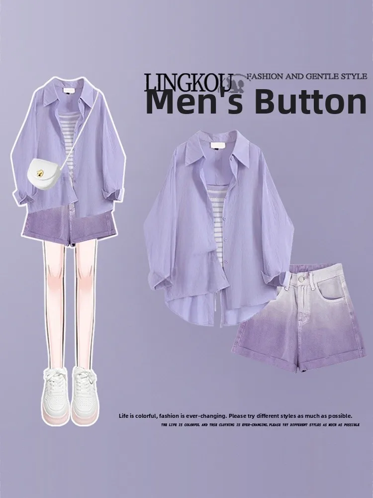 Summer Casual Three-Piece Set Women's plus Size Denim Gradient Shorts Striped Tank Top Sunscreen Shirt Elegant Purple
Summer Casual Three-Piece Set Women's plus Size Denim Gradient Shorts Striped Tank Top Sunscreen Shirt Elegant Purple