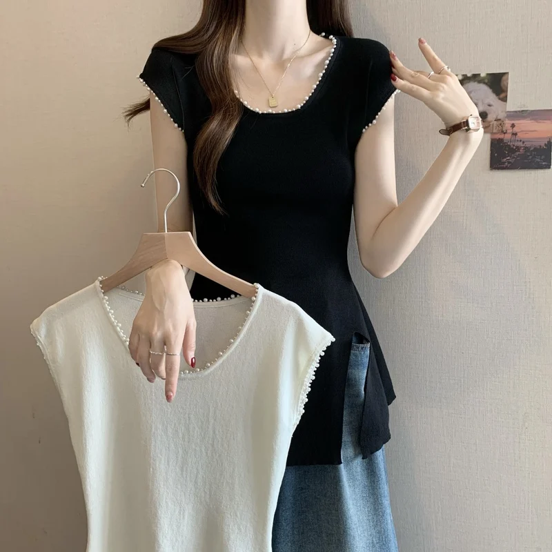 Женская летняя новая футболка больших размеров с жемчугом и ледяным шелком ort Sve, дизайн с разрезом, эффект похудения, удобный крой, корейский топ
Женская летняя новая футболка больших размеров с жемчугом и ледяным шелком ort Sve, дизайн с разрезом, эффект похудения, удобный крой, корейский топ