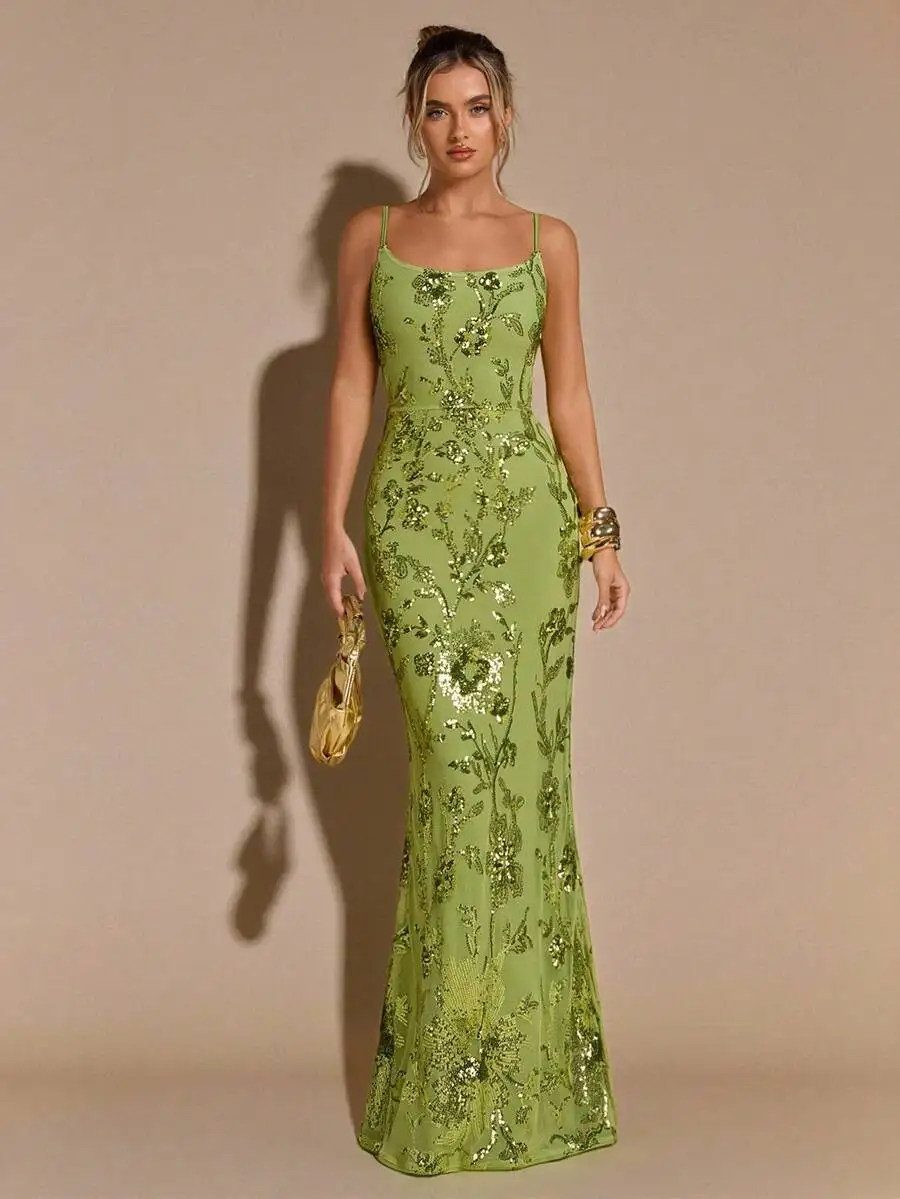Elegant Green Sequined Floral Embroidery Sleeveless Long Evening Dress
Elegant Green Sequined Floral Embroidery Sleeveless Long Evening Dress