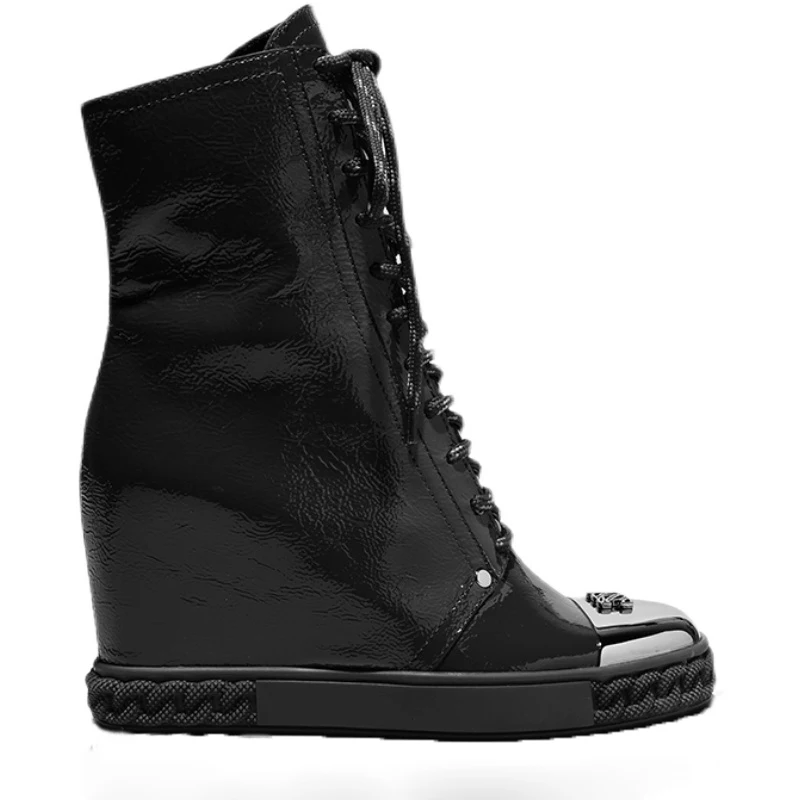 Fashion Black Leather High Top Metal Round Toe Sneaker Rubber Sole Inner Wedge Height Increasing Lace Up Zipper Ankle Booties
Fashion Black Leather High Top Metal Round Toe Sneaker Rubber Sole Inner Wedge Height Increasing Lace Up Zipper Ankle Booties