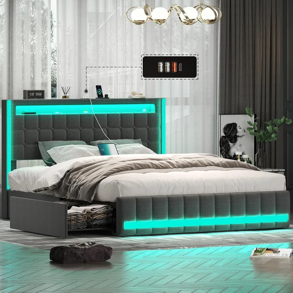 Full Bed Frame with 4 Storage Drawers&LED Lights, Light up Upholstered Platform Bed with Charging Station & Adjustable Headboard
Full Bed Frame with 4 Storage Drawers&LED Lights, Light up Upholstered Platform Bed with Charging Station & Adjustable Headboard