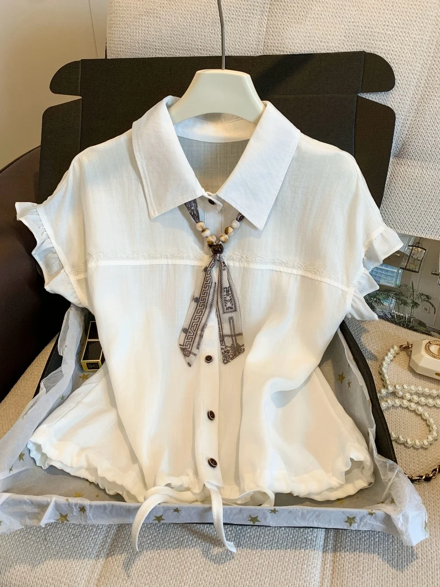 White Collar Silk Scarf Shirt Women's Summer New Style Premium Feel Thin Drawstring Button Fly Sleeve Top
White Collar Silk Scarf Shirt Women's Summer New Style Premium Feel Thin Drawstring Button Fly Sleeve Top