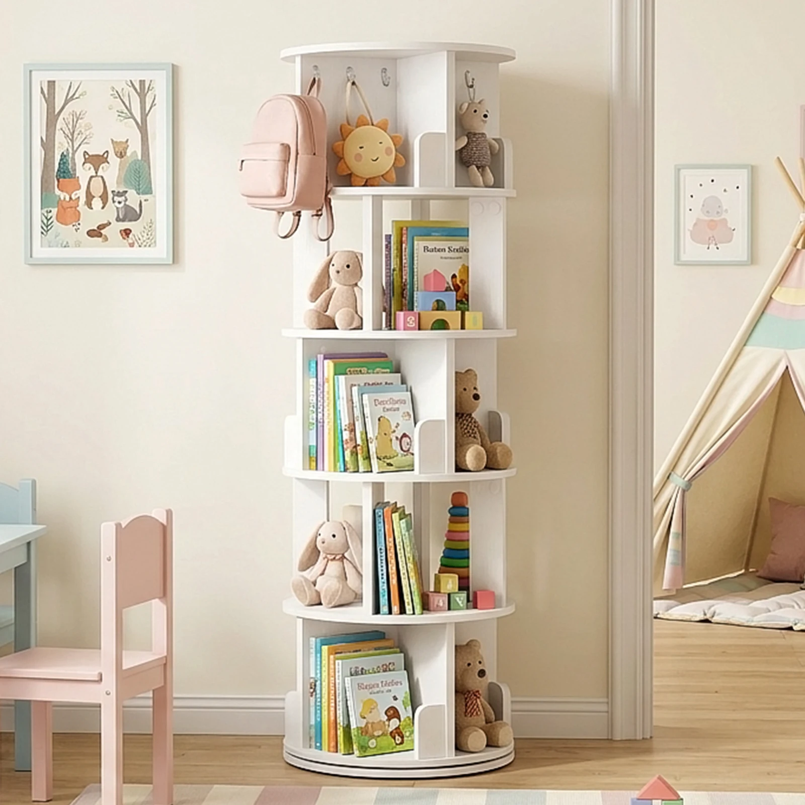 5-Tier Rotating Bookshelf Tower with Hooks, 360° Spinning Bookcase, Compact Floor Standing Display Shelf for Living Room, Bedroom, Home Office, White
5-Tier Rotating Bookshelf Tower with Hooks, 360° Spinning Bookcase, Compact Floor Standing Display Shelf for Living Room, Bedroom, Home Office, White
