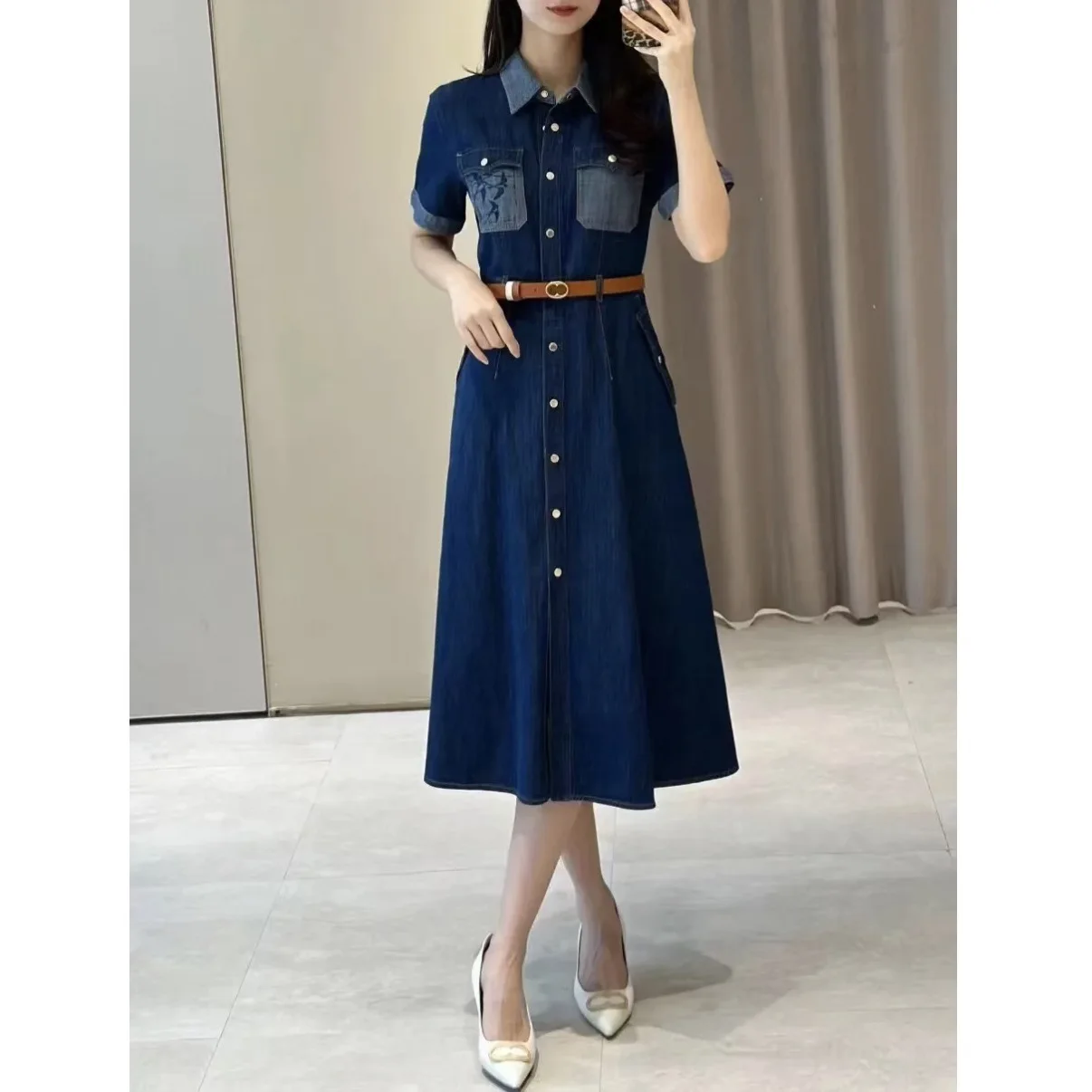 Denim dress women's spring and summer casual POLO collar shirt skirt waist thin medium and long dress 51c-0197-PB
Denim dress women's spring and summer casual POLO collar shirt skirt waist thin medium and long dress 51c-0197-PB