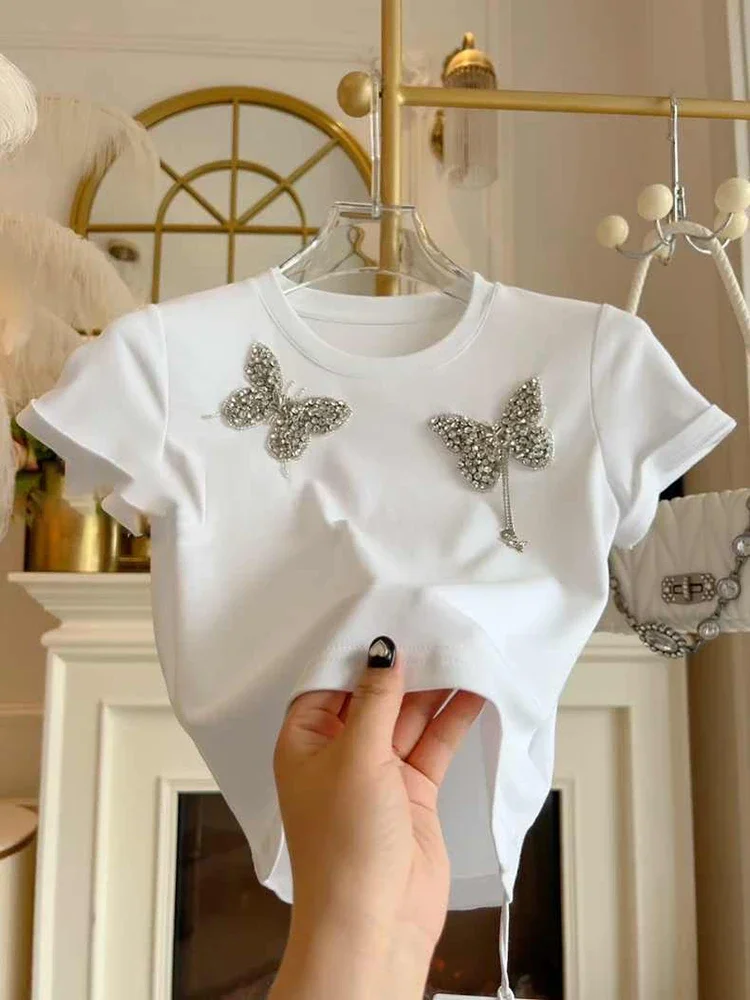 Women's summer new style, slim fit, simple, diamond inlaid butterfly casual versatile top Korean white short sleeved T-shirt
Women's summer new style, slim fit, simple, diamond inlaid butterfly casual versatile top Korean white short sleeved T-shirt