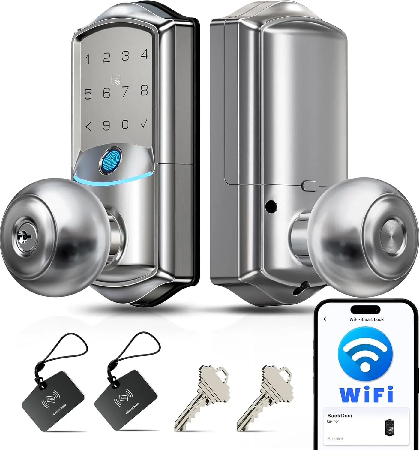 Smart Lock with Knob, Fingerprint, App Remote & Voice Control, Built-in Wi-Fi, IP65 Waterproof, Keyless Entry for Front Door
Smart Lock with Knob, Fingerprint, App Remote & Voice Control, Built-in Wi-Fi, IP65 Waterproof, Keyless Entry for Front Door