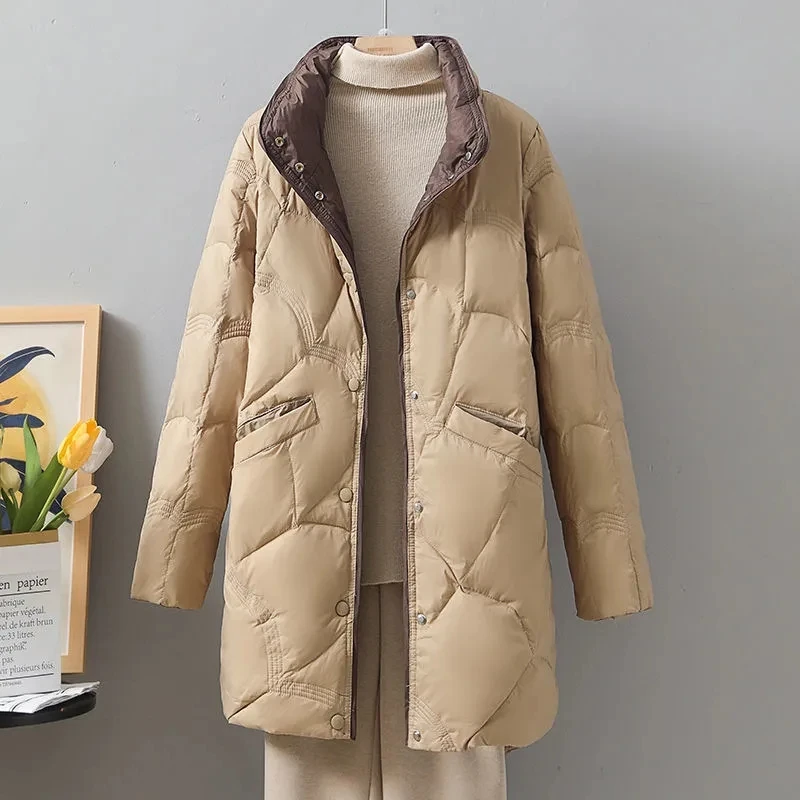 Women's Down Cotton Jacket Female Medium Length Standing Collar Loose Fitting White Duck Down Autumn Winter Lightweight Coat
Women's Down Cotton Jacket Female Medium Length Standing Collar Loose Fitting White Duck Down Autumn Winter Lightweight Coat