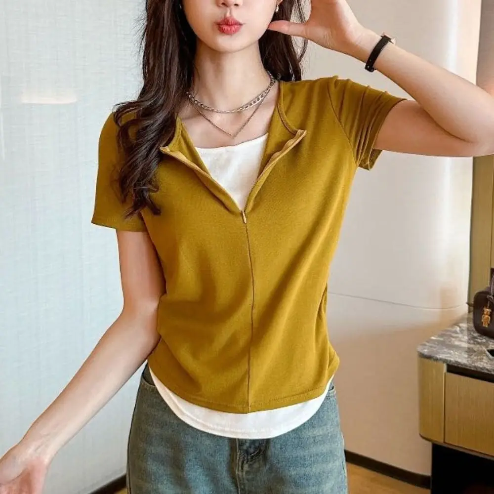 Cute Y2K Fake Two Pieces Top Patchwork V-neck Slim Crop Top Women Chic Undershirts Short Sleeve T-shirts Summer
Cute Y2K Fake Two Pieces Top Patchwork V-neck Slim Crop Top Women Chic Undershirts Short Sleeve T-shirts Summer