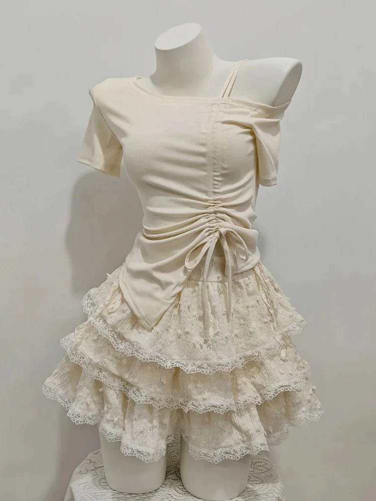 Sweet Two Piece Set Women Summer Slim Drawstring Off Shoulder Short Sleeves Tops Preppy Kawaii Lace Patchwork Mini Cake Skirt
Sweet Two Piece Set Women Summer Slim Drawstring Off Shoulder Short Sleeves Tops Preppy Kawaii Lace Patchwork Mini Cake Skirt