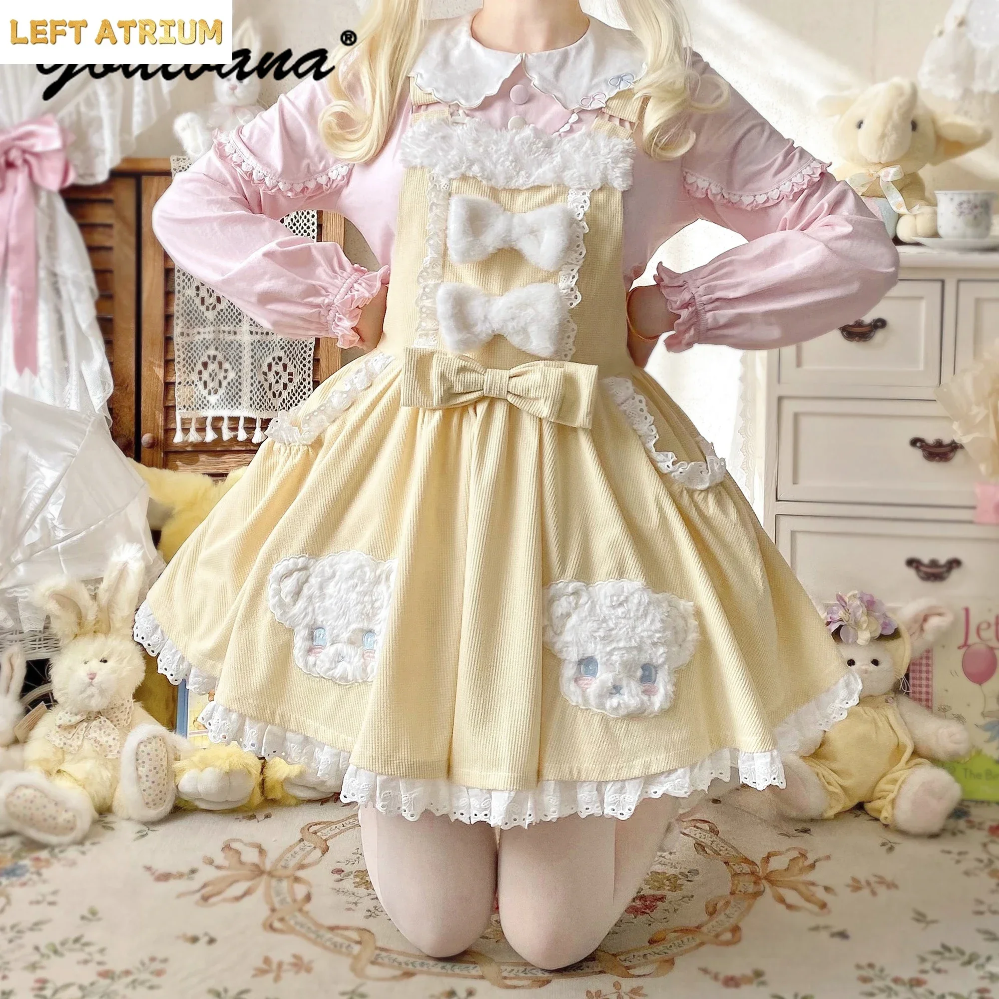 Lolita Straps Dress Original Autumn and Winter Plush Bow Strap Cute Sweet Bear Sticker Embroidered Suspender Dress Girl Women's
Lolita Straps Dress Original Autumn and Winter Plush Bow Strap Cute Sweet Bear Sticker Embroidered Suspender Dress Girl Women's