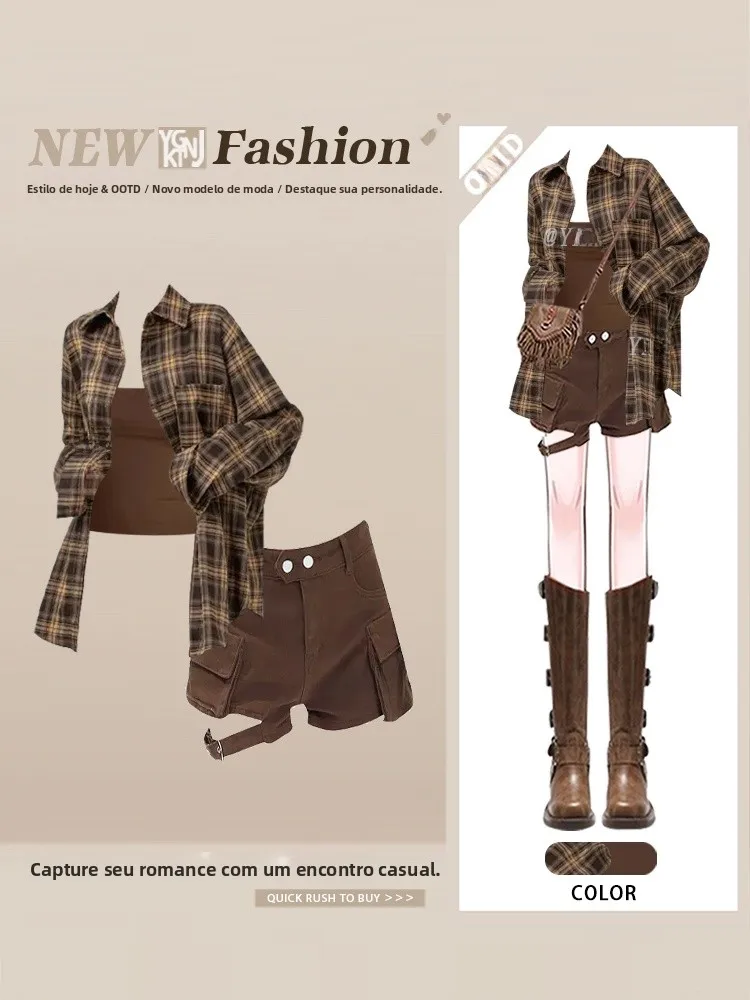 Retro American Plaid Shirt Women's Summer Thin Outer Vest Strap Denim Shorts High-End Feelings Long Sleeve Collar Buttoned
Retro American Plaid Shirt Women's Summer Thin Outer Vest Strap Denim Shorts High-End Feelings Long Sleeve Collar Buttoned