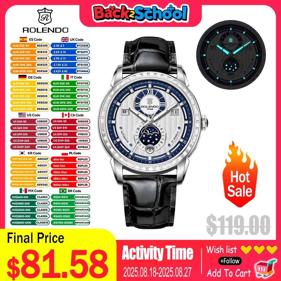 ROLENDO Men's Automatic Watch 43mm Sapphire Crystal Luminous Hands & Markers Leather Strap with Butterfly Clasp 50m Water Resist
ROLENDO Men's Automatic Watch 43mm Sapphire Crystal Luminous Hands & Markers Leather Strap with Butterfly Clasp 50m Water Resist