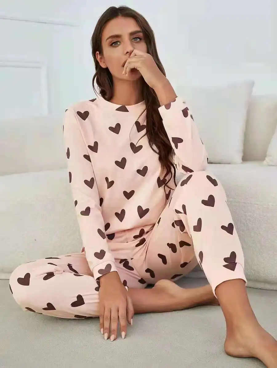 Womens Heart Print Round Neck Long Sleeve Pajama Set With Slight Stretch Cozy Sleepwear
Womens Heart Print Round Neck Long Sleeve Pajama Set With Slight Stretch Cozy Sleepwear