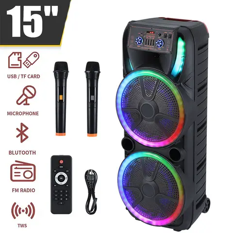 Doppio altoparlante portatile Bluetooth da 15 pollici per feste DJ Karaoke Sistema audio ricaricabile per bassi pesanti Seaker Luce a LED con microfono