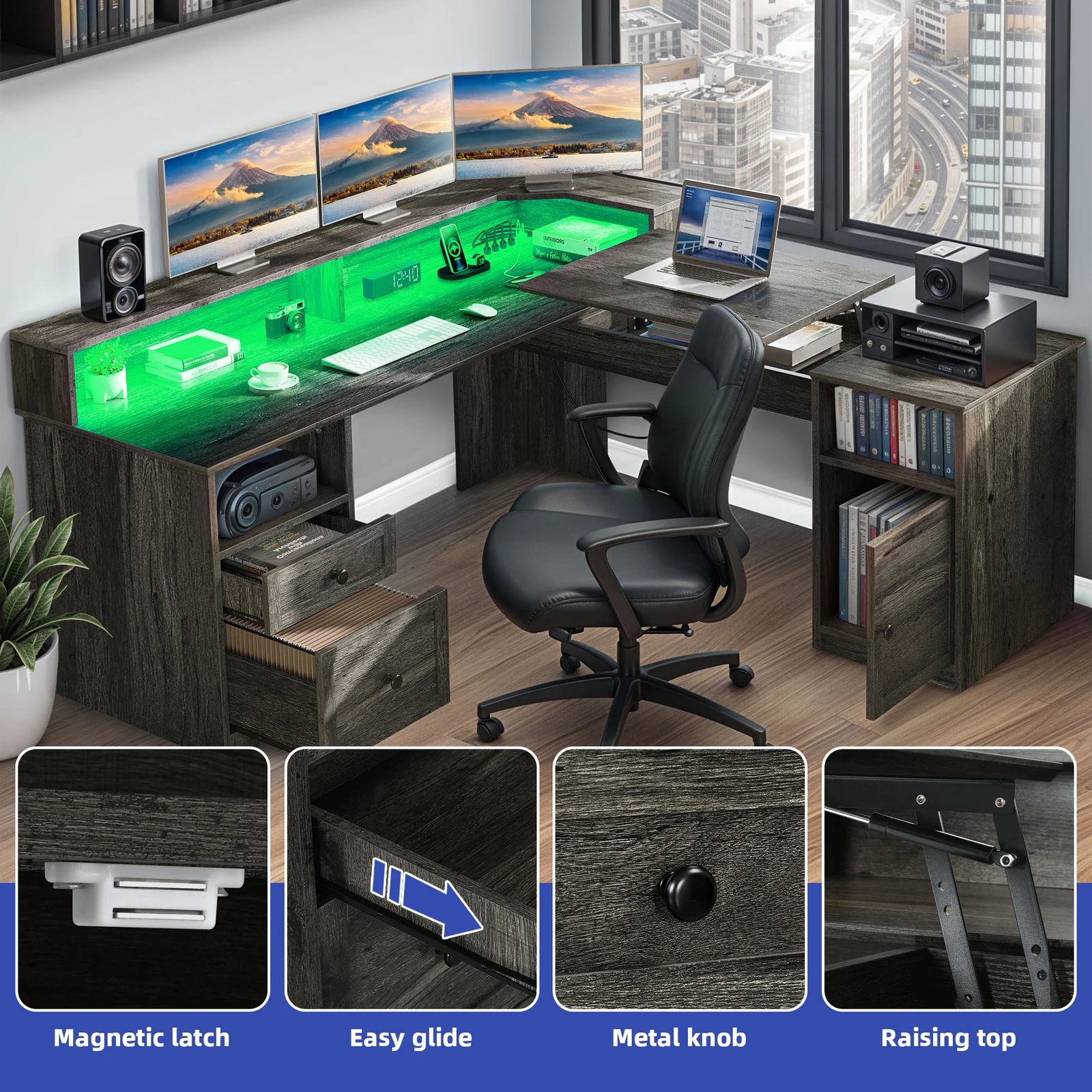 59" L Shaped Office Computer Desk Lift Top File Drawers LED Light Power Outlet
59" L Shaped Office Computer Desk Lift Top File Drawers LED Light Power Outlet