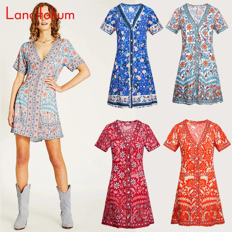 Summer Mini Dresses Women Boho Folk Ethnic Korean Retro Vneck Short Sleeve Party Button Bandage Beach Vacation Floral Mini Dress
Summer Mini Dresses Women Boho Folk Ethnic Korean Retro Vneck Short Sleeve Party Button Bandage Beach Vacation Floral Mini Dress