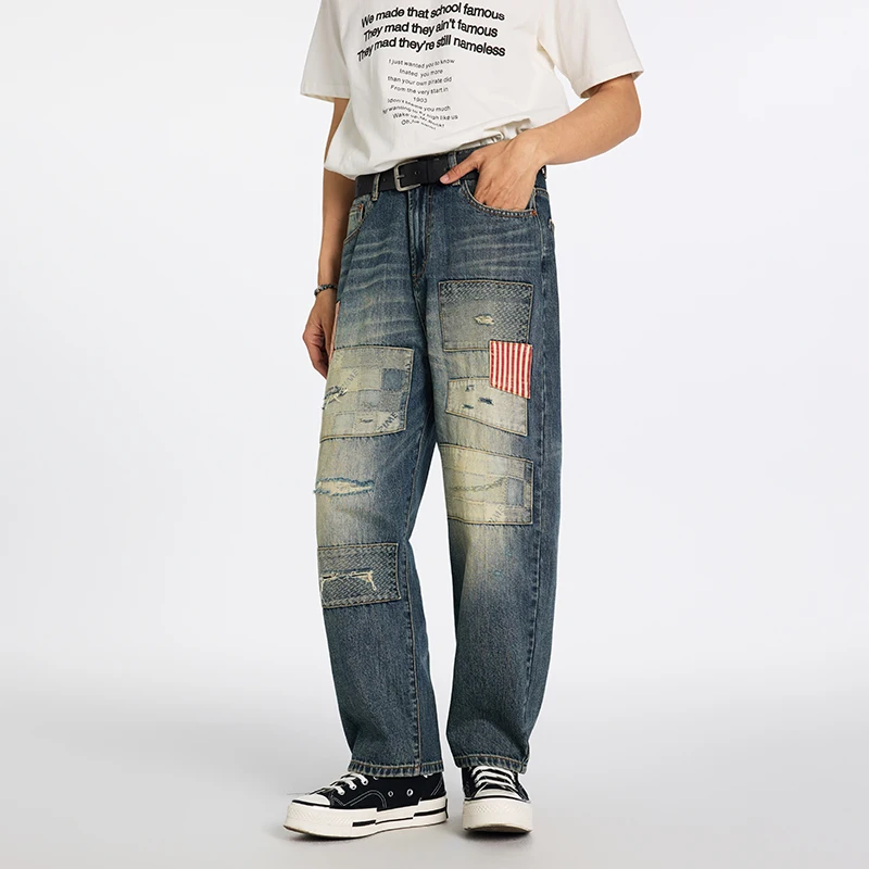 Retro Japanese washed ripped beggar patchwork with loose straight leg denim pants men clothing streetwear pants for men
Retro Japanese washed ripped beggar patchwork with loose straight leg denim pants men clothing streetwear pants for men