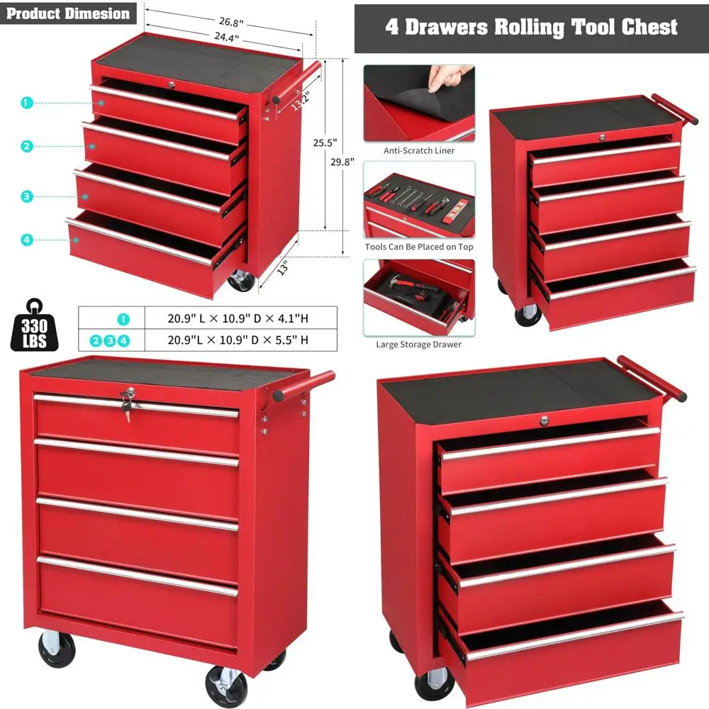 Portable 4-Drawer Rolling Toolbox with Wheels, Red, Ideal for Garage and Workshop Storage
Portable 4-Drawer Rolling Toolbox with Wheels, Red, Ideal for Garage and Workshop Storage
