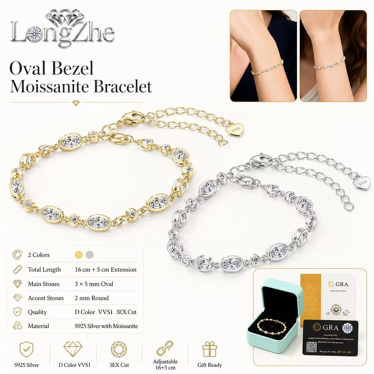 D Color VVS1 Moissanite Tennis Bracelet 925 Silver Adjustable Chain Luxury Bracelet for Women
D Color VVS1 Moissanite Tennis Bracelet 925 Silver Adjustable Chain Luxury Bracelet for Women