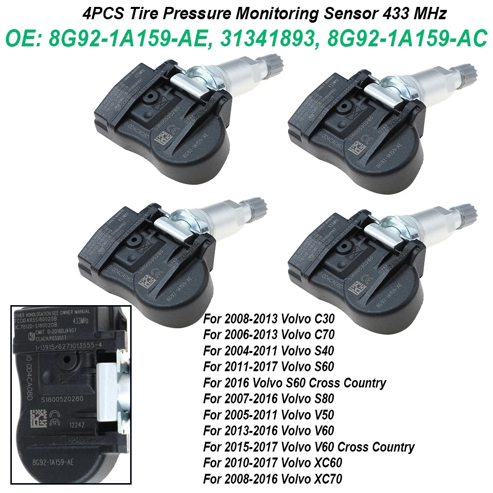 4 шт. 8G92-1A159-AE 31341893 Датчик давления в шинах 433 МГц 8G92-1A159-AC 8G921A159AE для Volvo C70 S40 S60 S80 V50 V60 XC60 XC70
4 шт. 8G92-1A159-AE 31341893 Датчик давления в шинах 433 МГц 8G92-1A159-AC 8G921A159AE для Volvo C70 S40 S60 S80 V50 V60 XC60 XC70