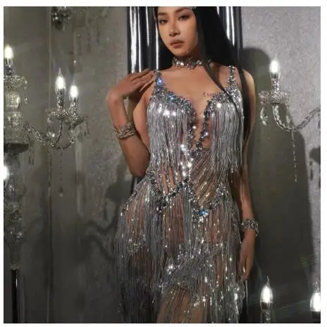 Sexy Mesh Performance Dance Costume Rhinestones Fringes Dresses for Women Stage Wear Club Outfit
Sexy Mesh Performance Dance Costume Rhinestones Fringes Dresses for Women Stage Wear Club Outfit